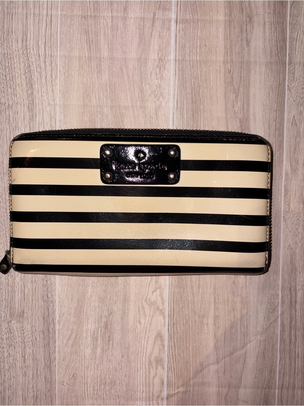 kate spade Black and Cream Striped Zip-Around Wallet